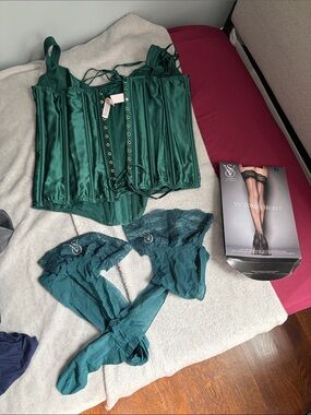 Victoria's Secret Deep Green Satin Corset Set with Lace-Top Stockings